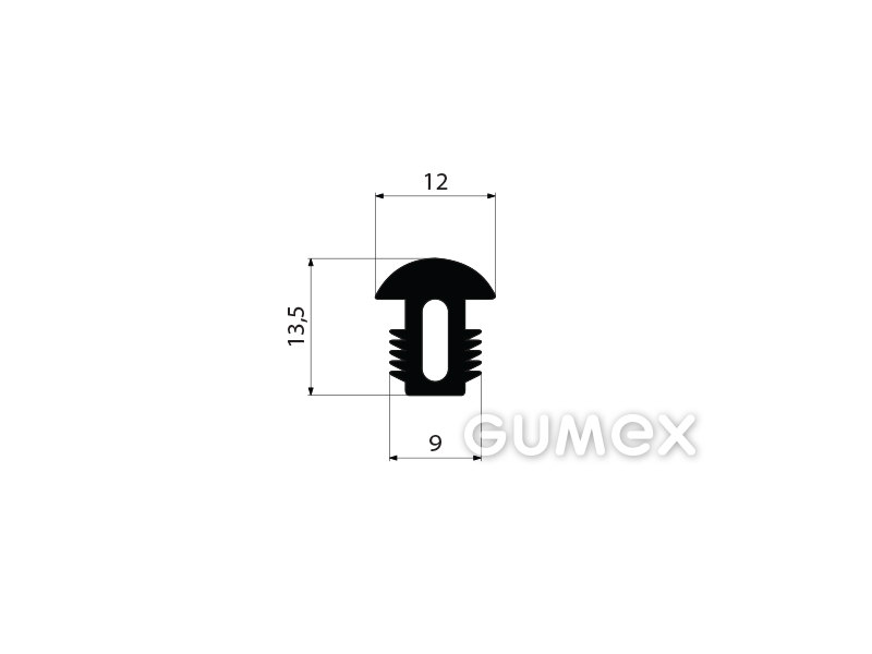 "T" Gummiprofil mit Loch, 13,5x12/9mm, 70°ShA, EPDM, ISO 3302-1 E2, -40°C/+100°C, schwarz, 